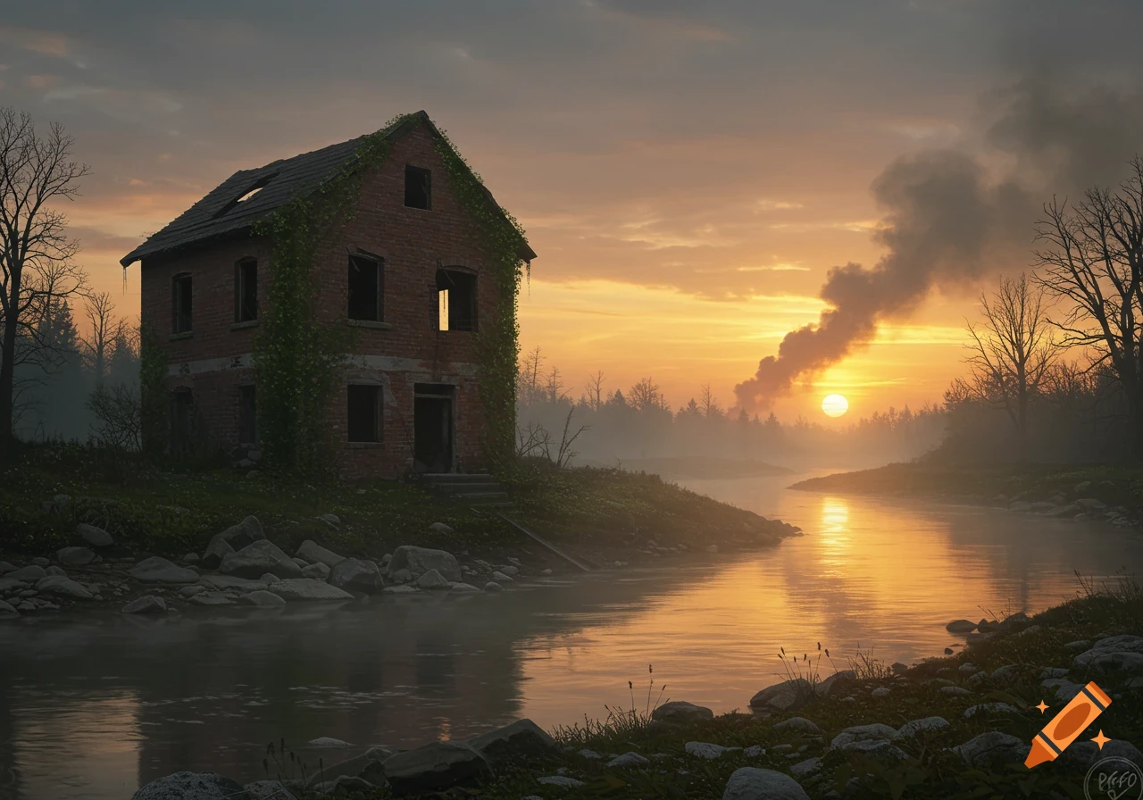 Abandoned brick building on a riverbank at sunset with smoke rising in the distance, post-apocalyptic photorealistic style.