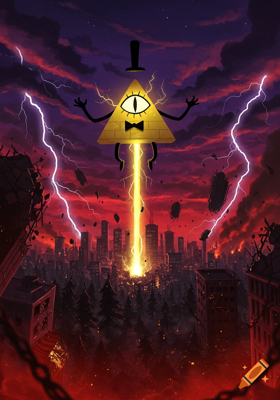 Bill Cipher, a golden triangle with an eye, top hat, and bow tie, floats over a city, blasting a yellow beam downwards amidst lightning and destruction under a stormy red sky.