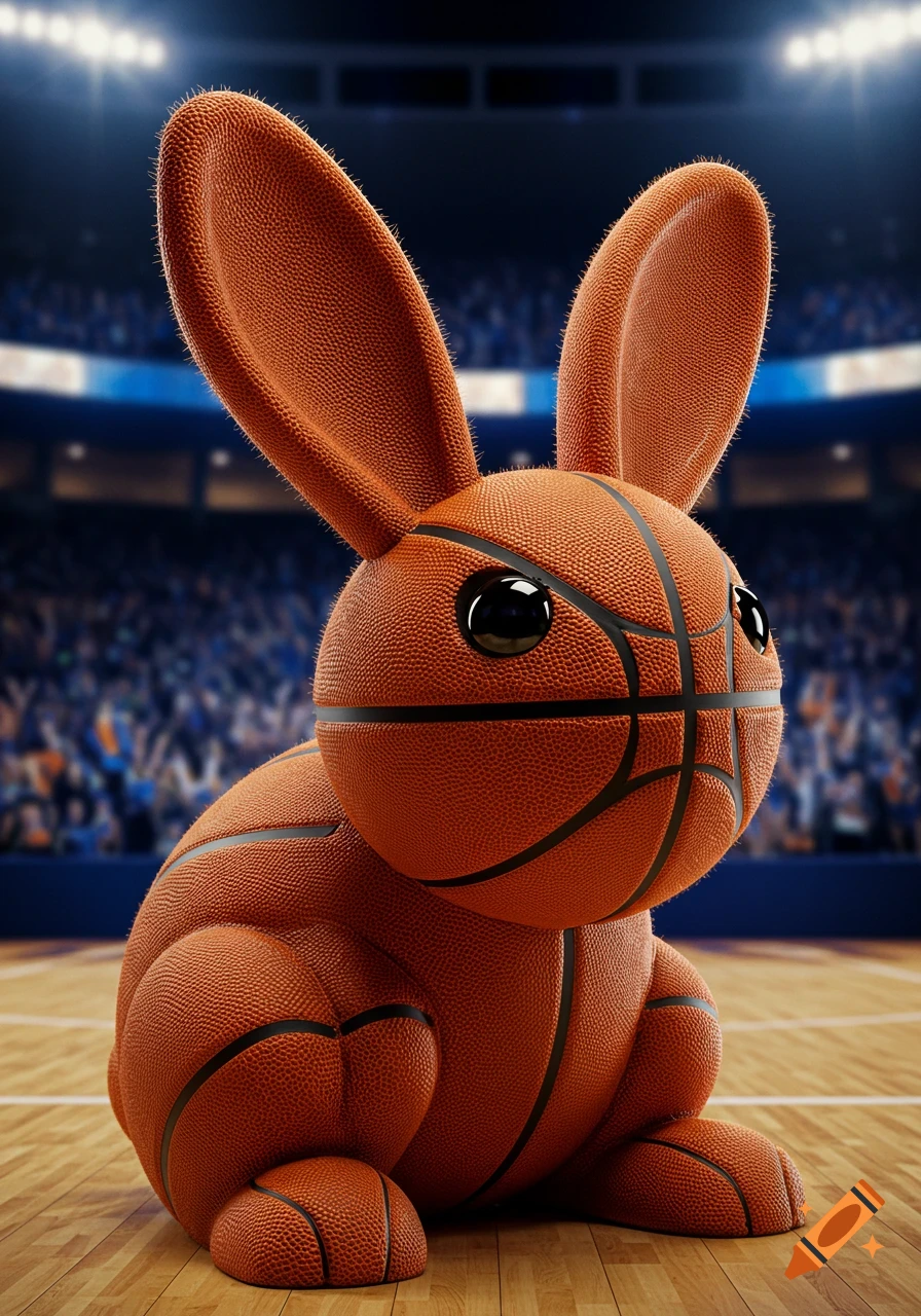 A 3D render of a cute bunny made from a basketball, sitting on a basketball court with blurred spectators.