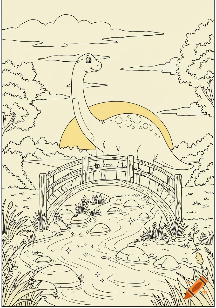 A cute cartoon Diplodocus dinosaur stands on a wooden bridge over a sparkling river, looking at a golden sunset in a black line art coloring page.