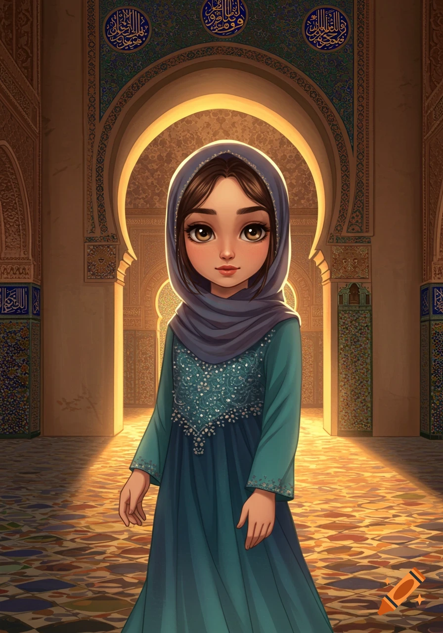 Cartoon girl in a teal dress and blue hijab stands in an ornate mosque with arches and patterned walls.