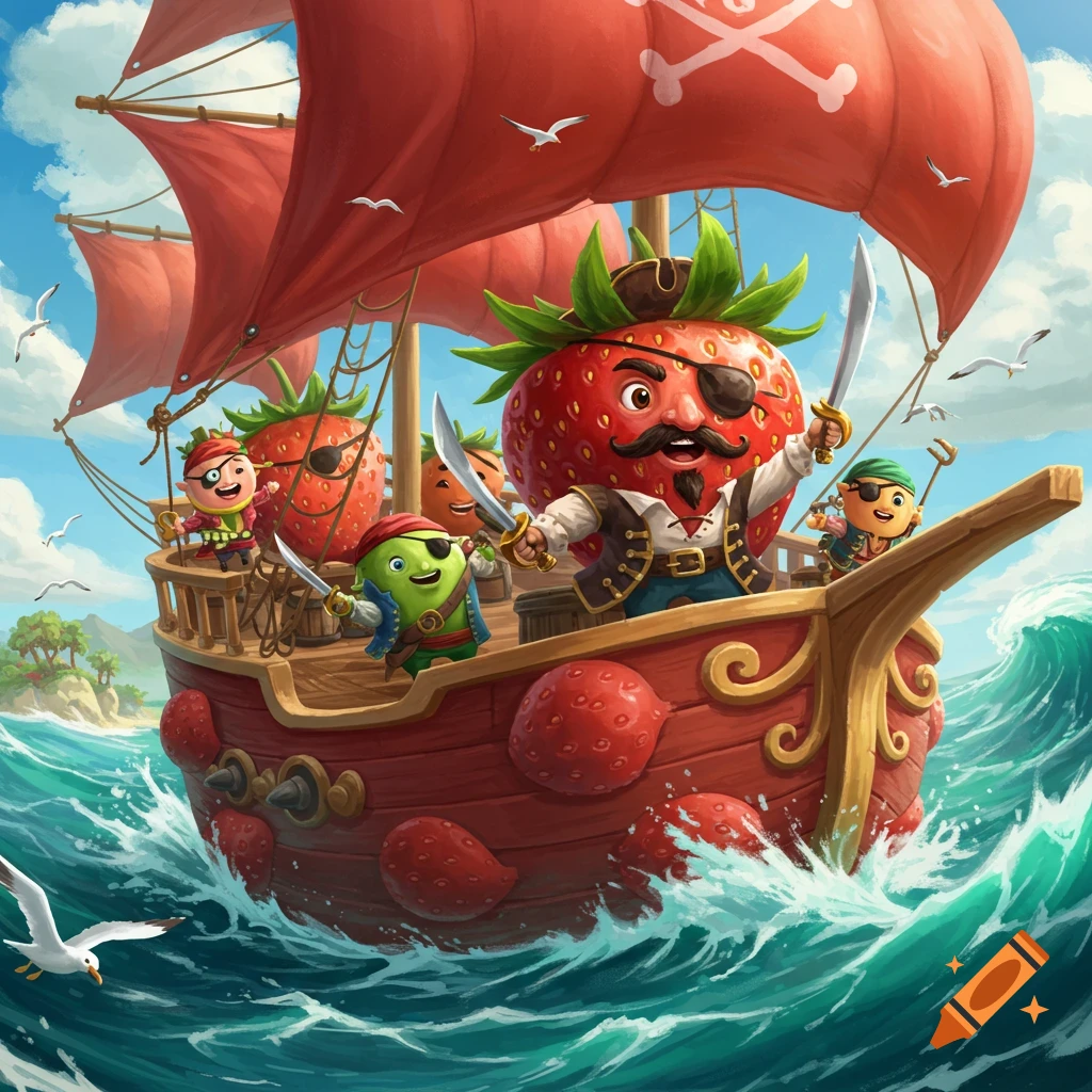 Cartoon strawberry pirates on a ship with red sails, sailing on a wavy blue ocean under a sunny sky with seagulls.