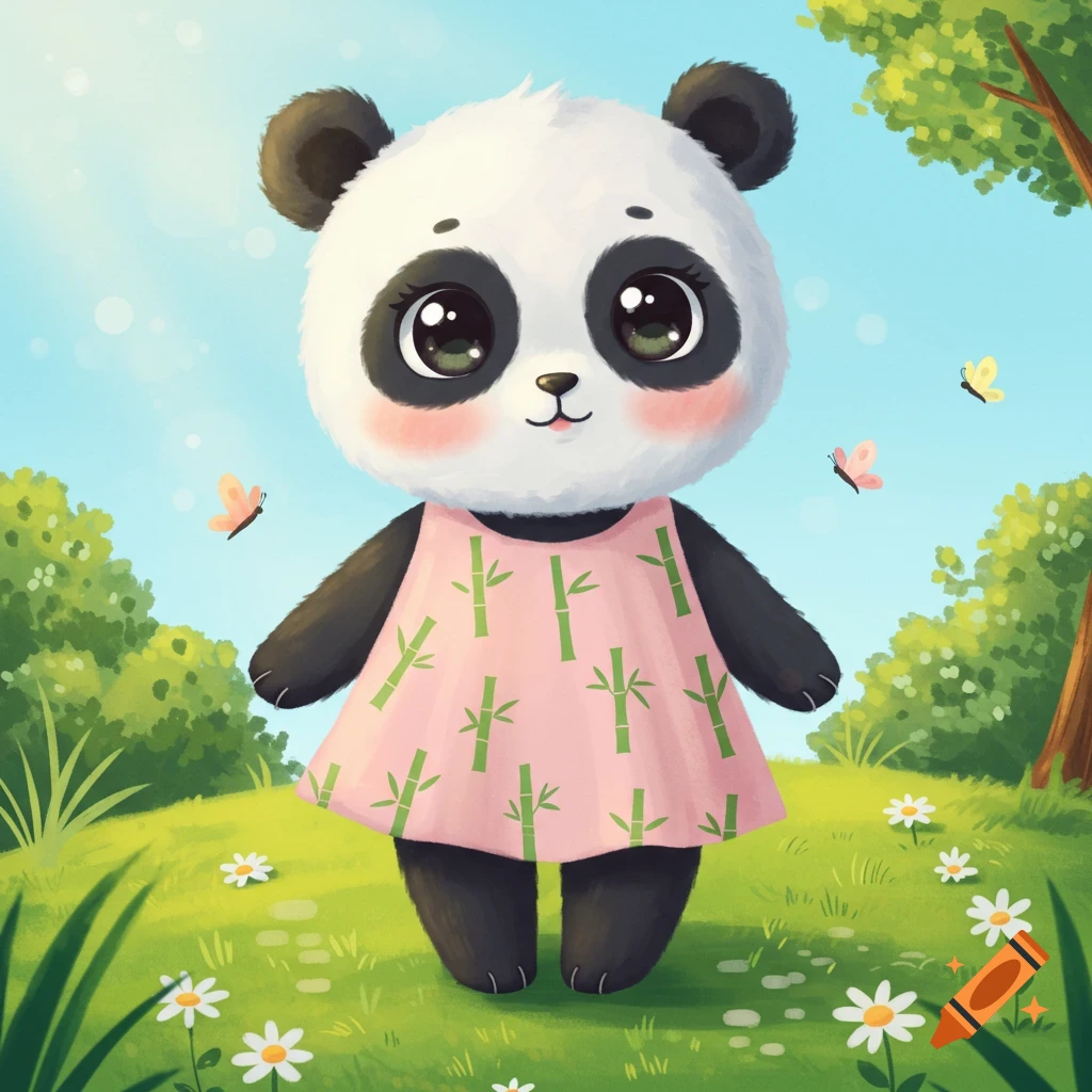 A cute cartoon baby panda wearing a pink dress with bamboo print stands in a grassy field with flowers and butterflies.