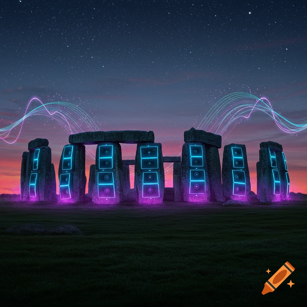 Stonehenge pillars transformed into glowing neon amplifiers under a starry night sky with a vibrant sunset horizon.