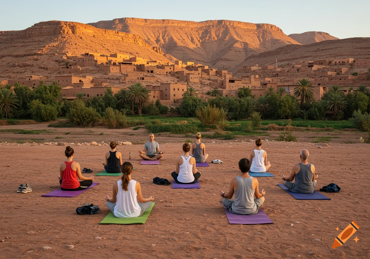 A group practices outdoor yoga on colorful mats in a Moroccan valley with traditional houses and mountains at sunset. Photorealistic.