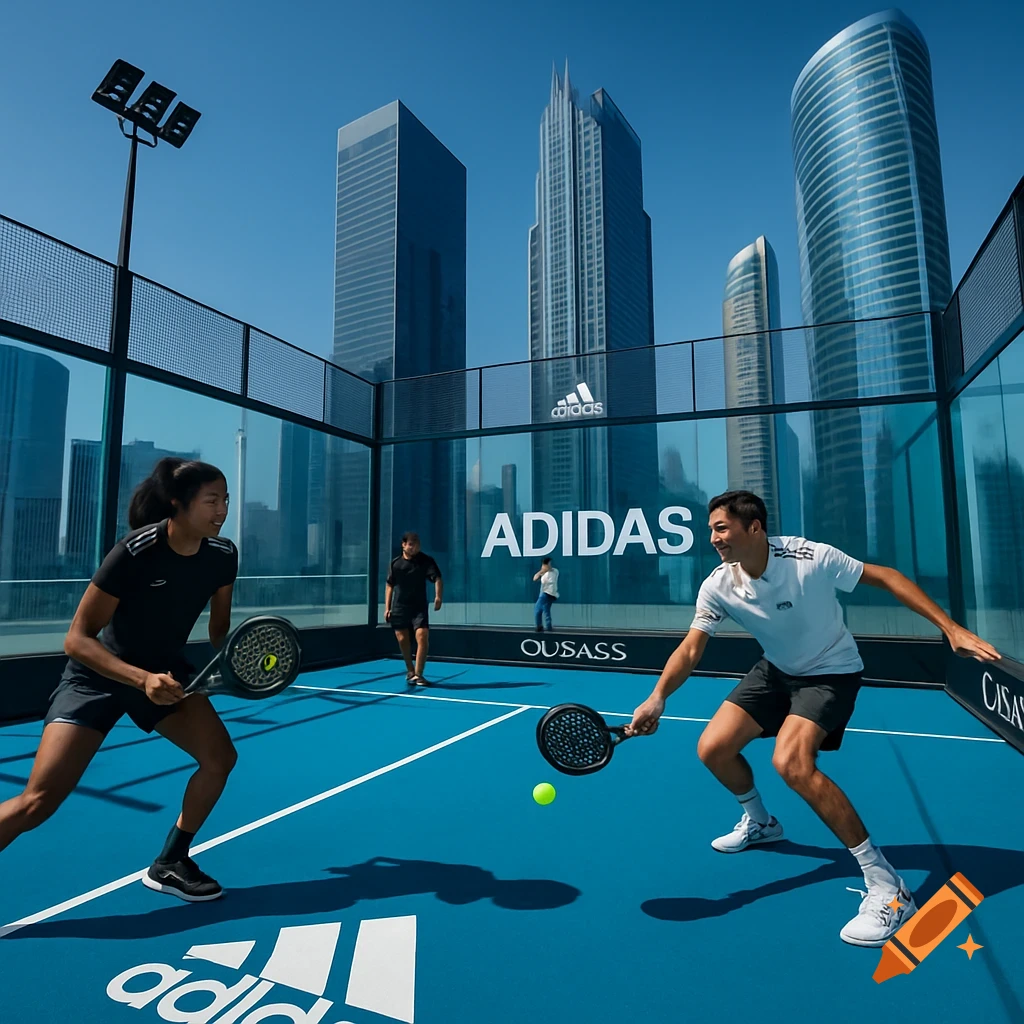 Two people playing padel tennis on a blue court with skyscrapers in the background, Adidas branding visible.