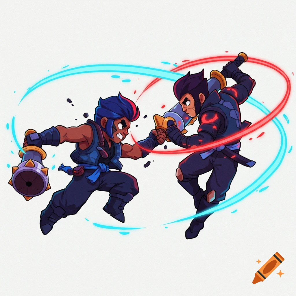 Two stylized, cartoon characters in a dynamic combat pose against a white background with energy arcs. One character holds a spiked mace, the other a sword.