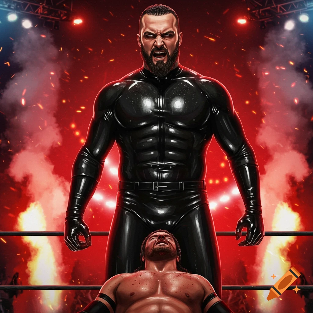 A fierce wrestler in a black latex suit stands over a defeated opponent in a wrestling ring, dramatic red lighting.