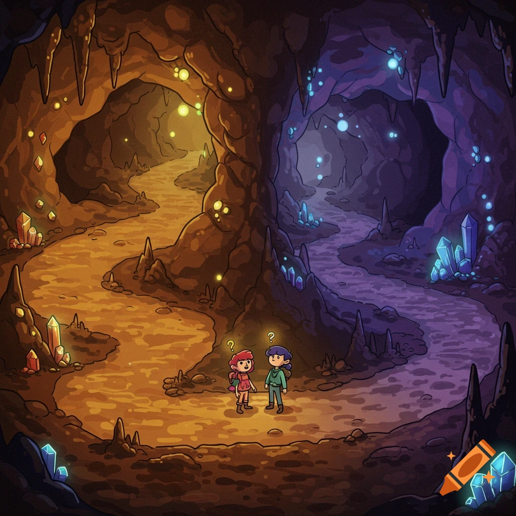 Two cartoon people stand at a fork in a magical cave, one path glowing yellow, the other purple, in a colorful illustration.