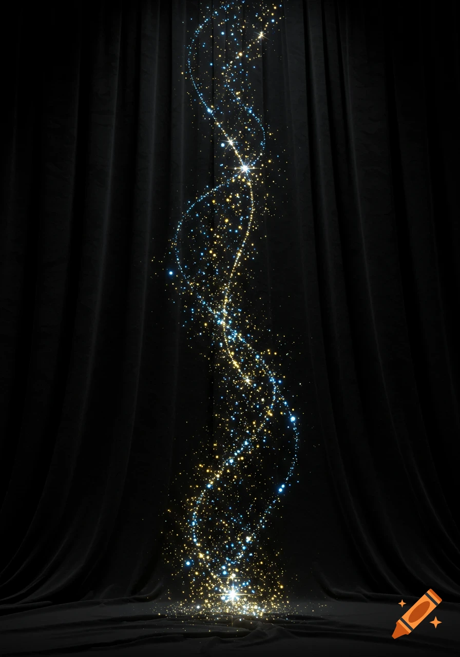 Sparkling golden and blue light streams down a dark black velvet curtain, pooling at the base.