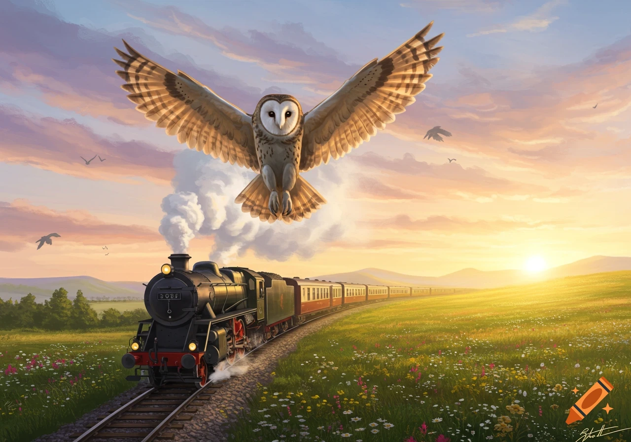 A large barn owl with outstretched wings soars over a steam train moving through a vibrant green meadow with wildflowers at sunset.