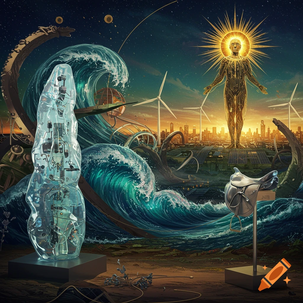 A surreal digital art piece featuring a circuit sculpture, golden circuit-man, waves, city with wind turbines, and a saddle.