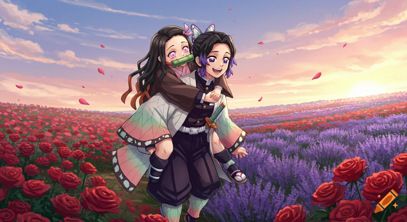 Anime characters Nezuko and Shinobu on a piggyback ride in a field of red roses and purple lavender at sunset.