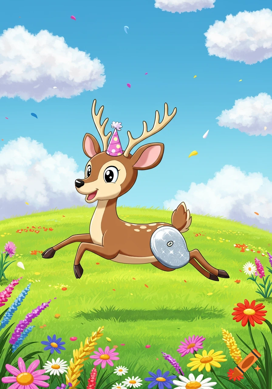 A happy cartoon deer with a party hat and a sparkly metal hip hops through a colorful flowery meadow under a blue sky.
