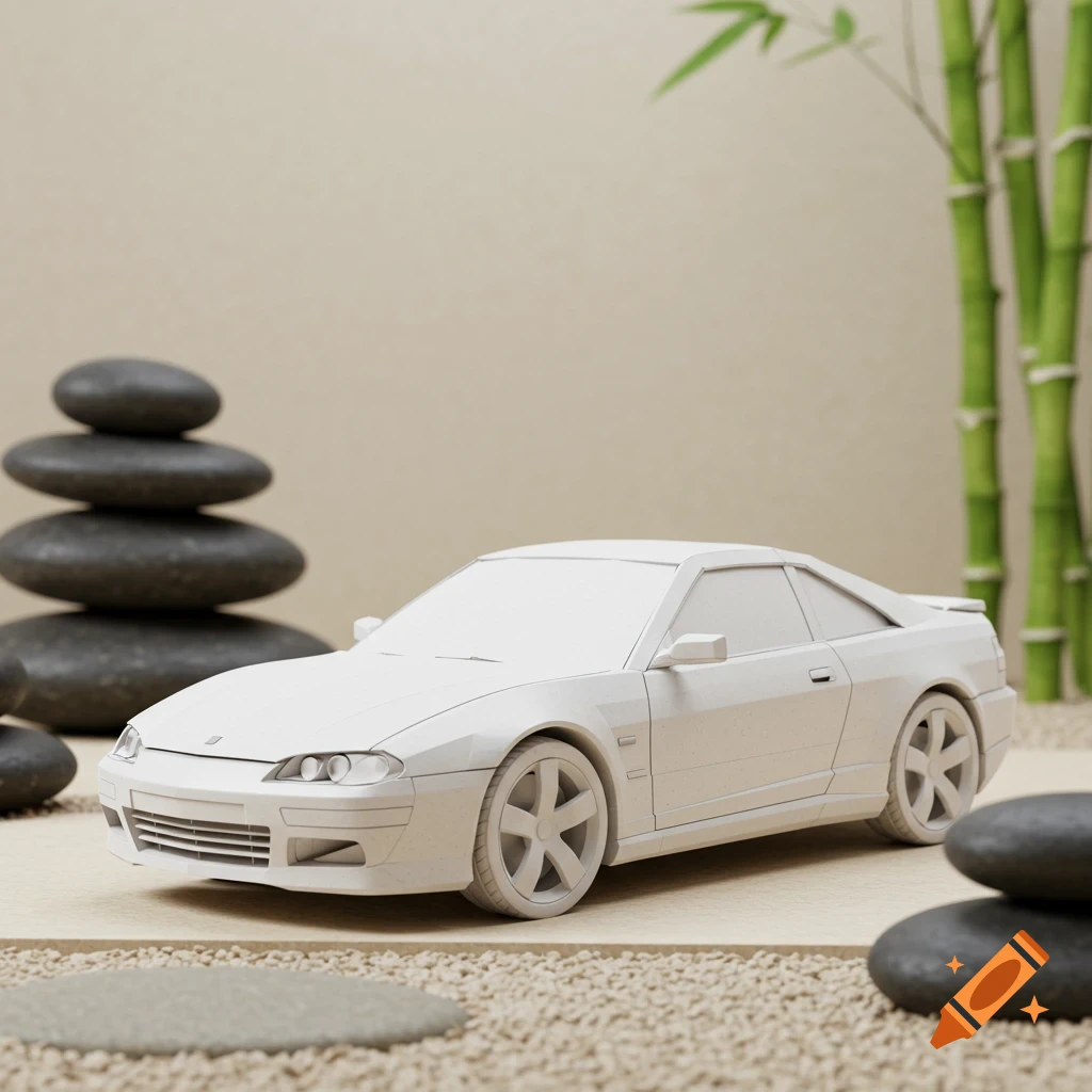 A white stylized car, resembling a paper model or 3D render, sits in a zen garden with stacked black stones and bamboo stalks.