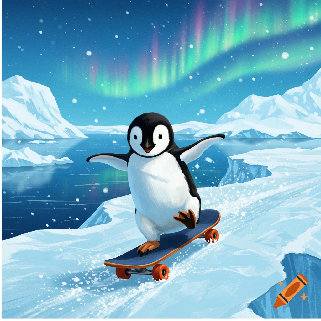 A happy cartoon penguin rides a skateboard down a snowy slope, with icy mountains and a vibrant aurora borealis in the background.