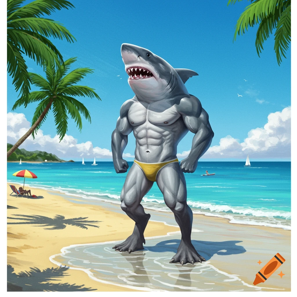 Muscular, anthropomorphic shark in a yellow speedo stands on a tropical beach.