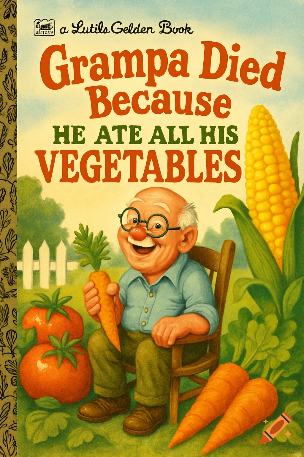 Vintage book cover of a smiling grandpa holding a carrot amidst vegetables, with the title 'Grampa Died Because HE ATE ALL HIS VEGETABLES'.