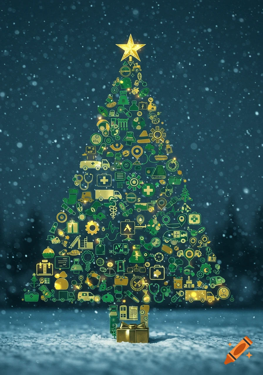 A Christmas tree formed from glowing green and gold symbols of hospital, logistics, and engineering professions, set against a snowy night.