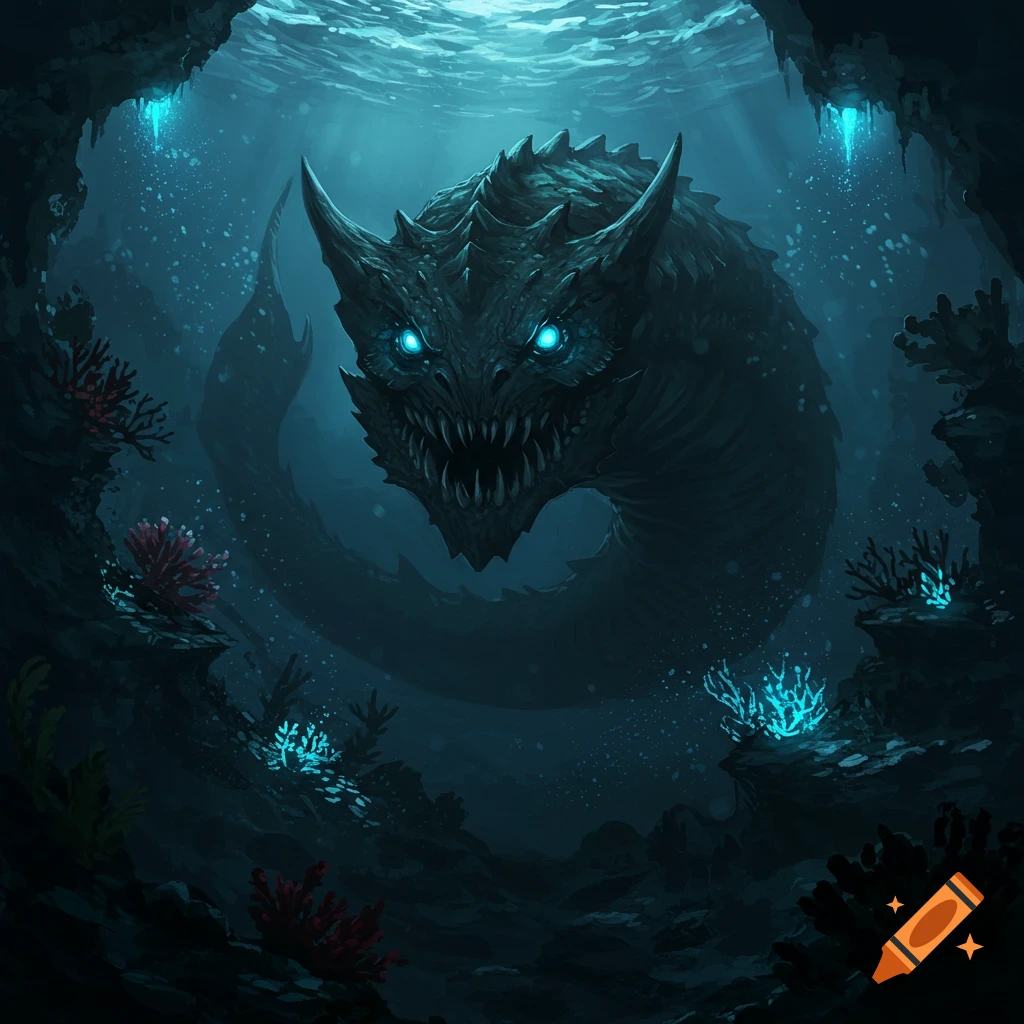 A dark, horned abyssal monster with glowing blue eyes emerges from a deep-sea cave surrounded by glowing coral.