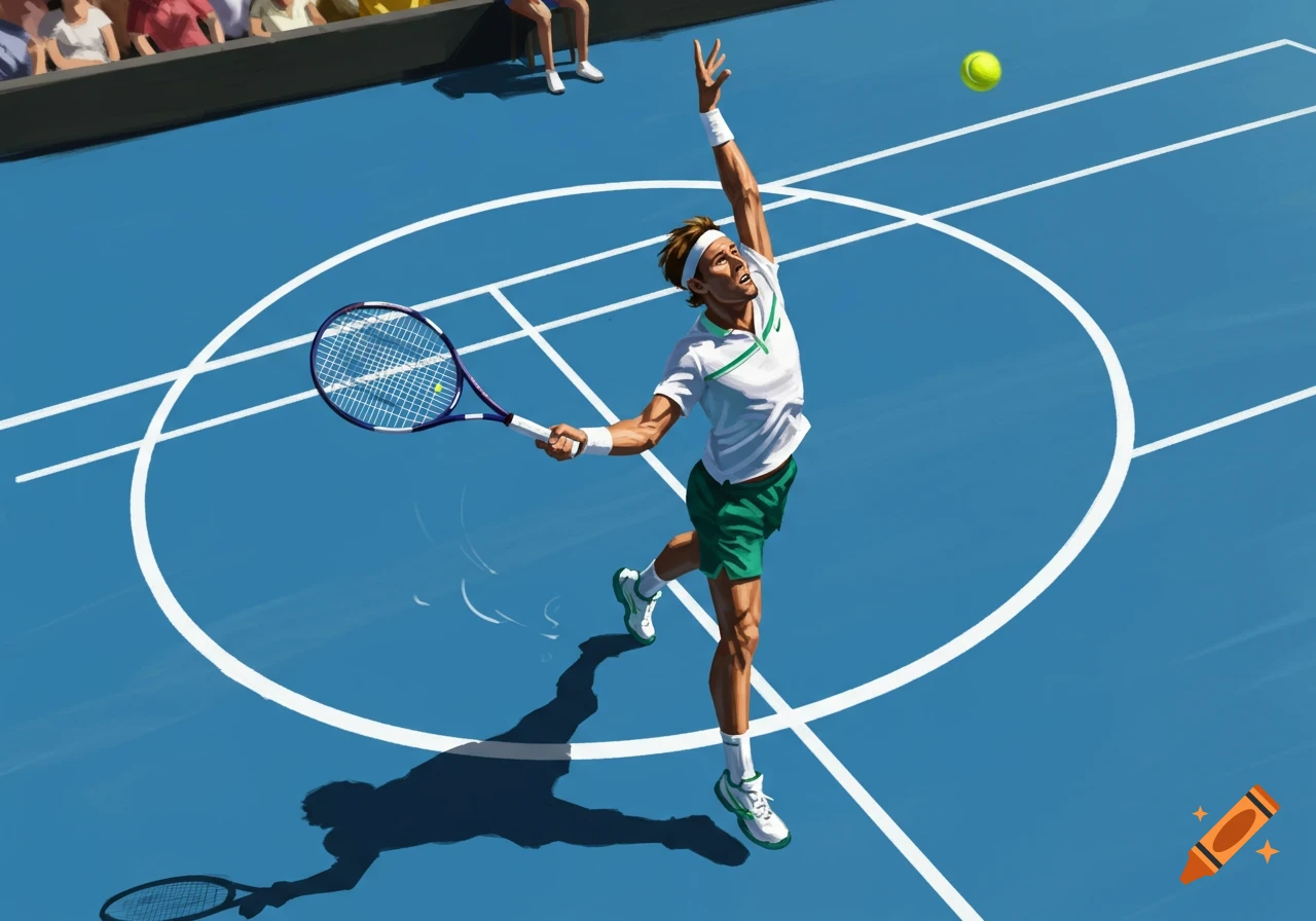 Illustrated male tennis player serving on a blue court with a yellow ball, spectators in background.