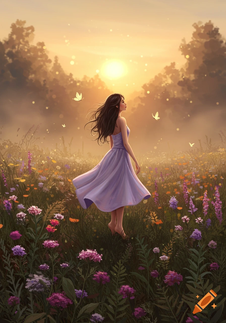An illustration of a young woman in a purple dress standing barefoot in a wildflower field with butterflies at sunset.