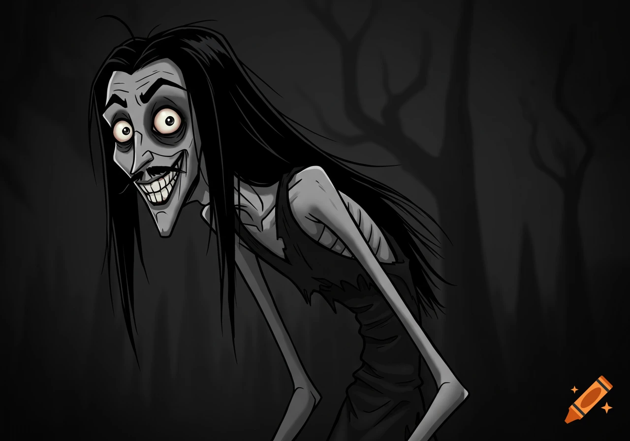 A creepy, emaciated cartoon man with long black hair, a mustache, sharp teeth, and dilated pupils, in a dark, stylized forest.