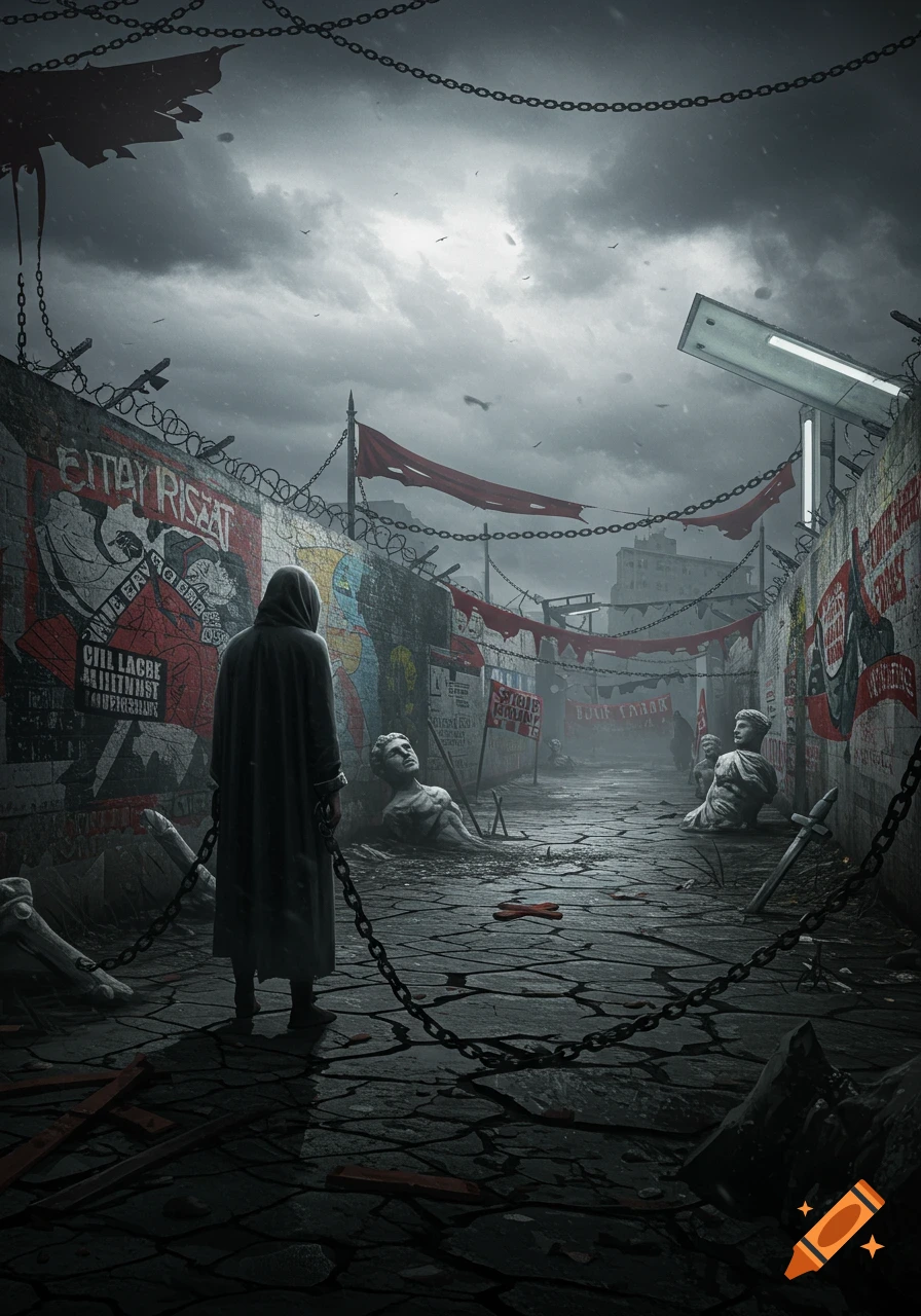 A hooded figure stands in a dark, cracked alleyway lined with barbed wire, tattered red flags, propaganda posters, and broken statues, under a stormy sky.