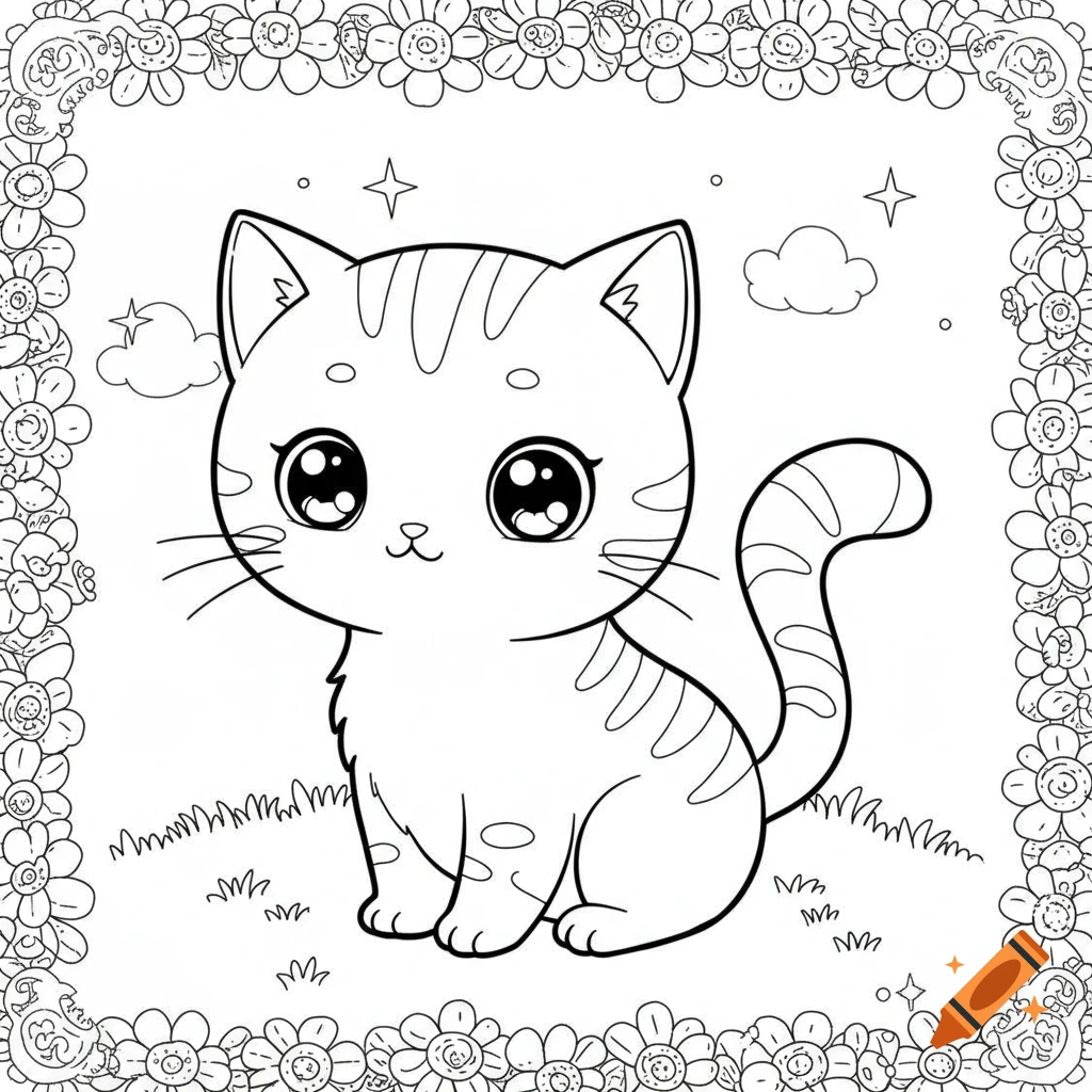 A cute kawaii cartoon cat in black and white line art, sitting in grass within a floral border, for a coloring book.