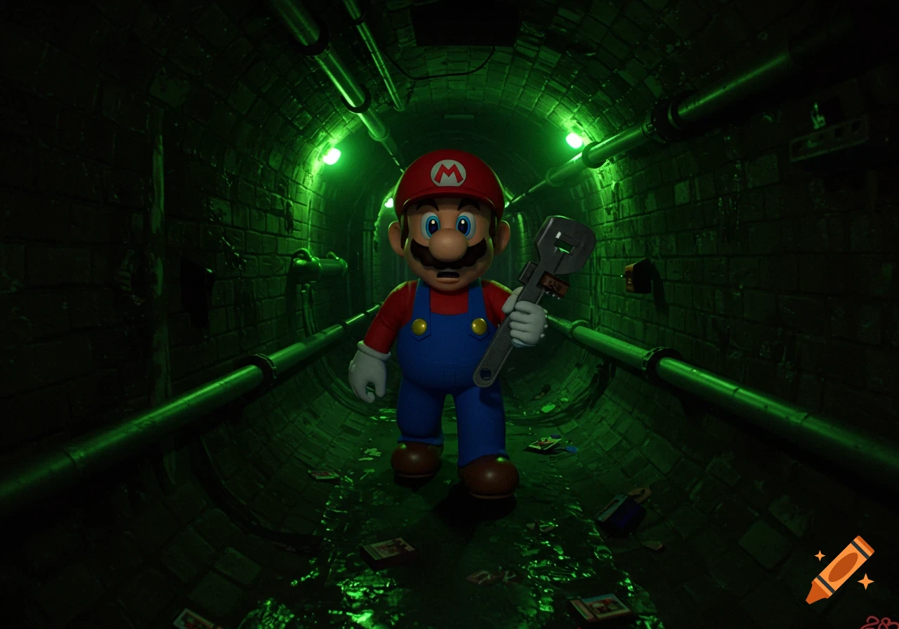 A 3D render of Mario holding a large wrench in a dark, green-lit sewer tunnel with scattered items on the wet floor.