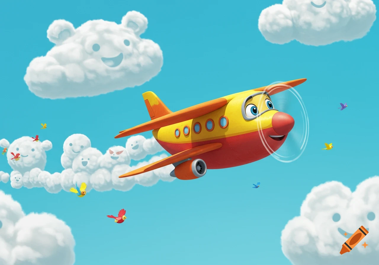 A friendly, red and yellow cartoon airplane flies through a bright blue sky filled with various anthropomorphic clouds and small birds.