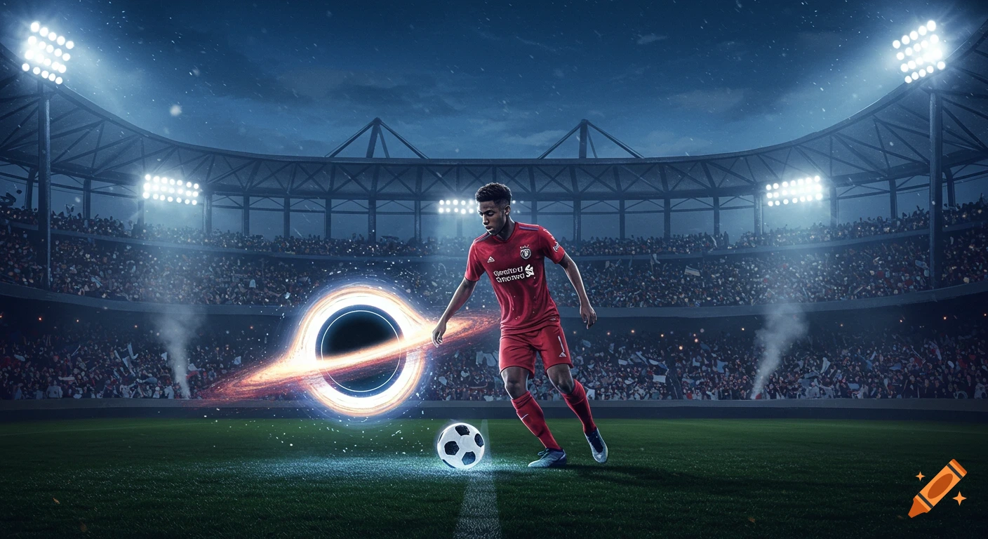 A footballer in a red uniform dribbles a soccer ball past a glowing black hole on a stadium field at night.