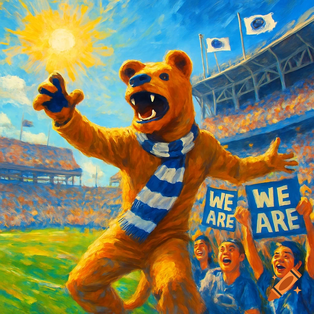Painterly image of the Nittany Lion mascot and cheering students holding 'WE ARE' placards at a sunny Penn State game.