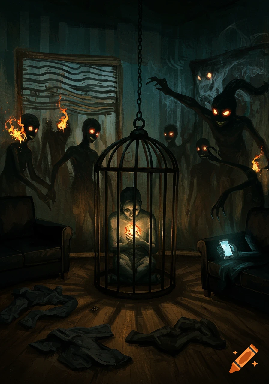 A dark oil painting shows a person in a cage holding a glowing orb, surrounded by shadowy, fiery figures in an eerie room.