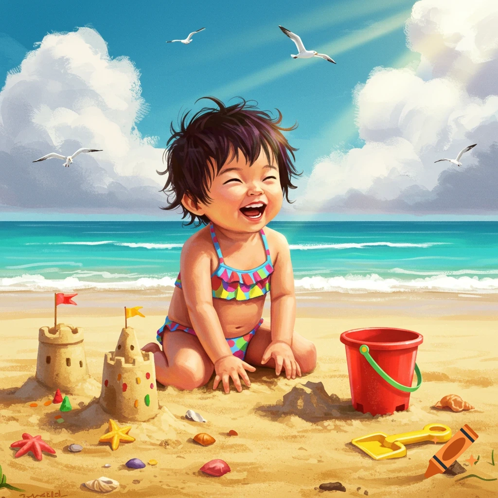 Animated laughing baby in a swimsuit playing on a sunny beach with sandcastles and a red bucket.