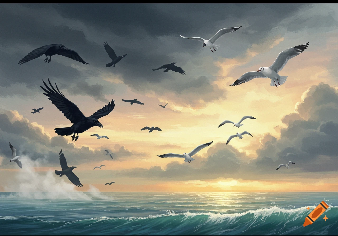Digital painting of black crows and white seagulls flying over a wavy ocean at sunset with dramatic clouds.