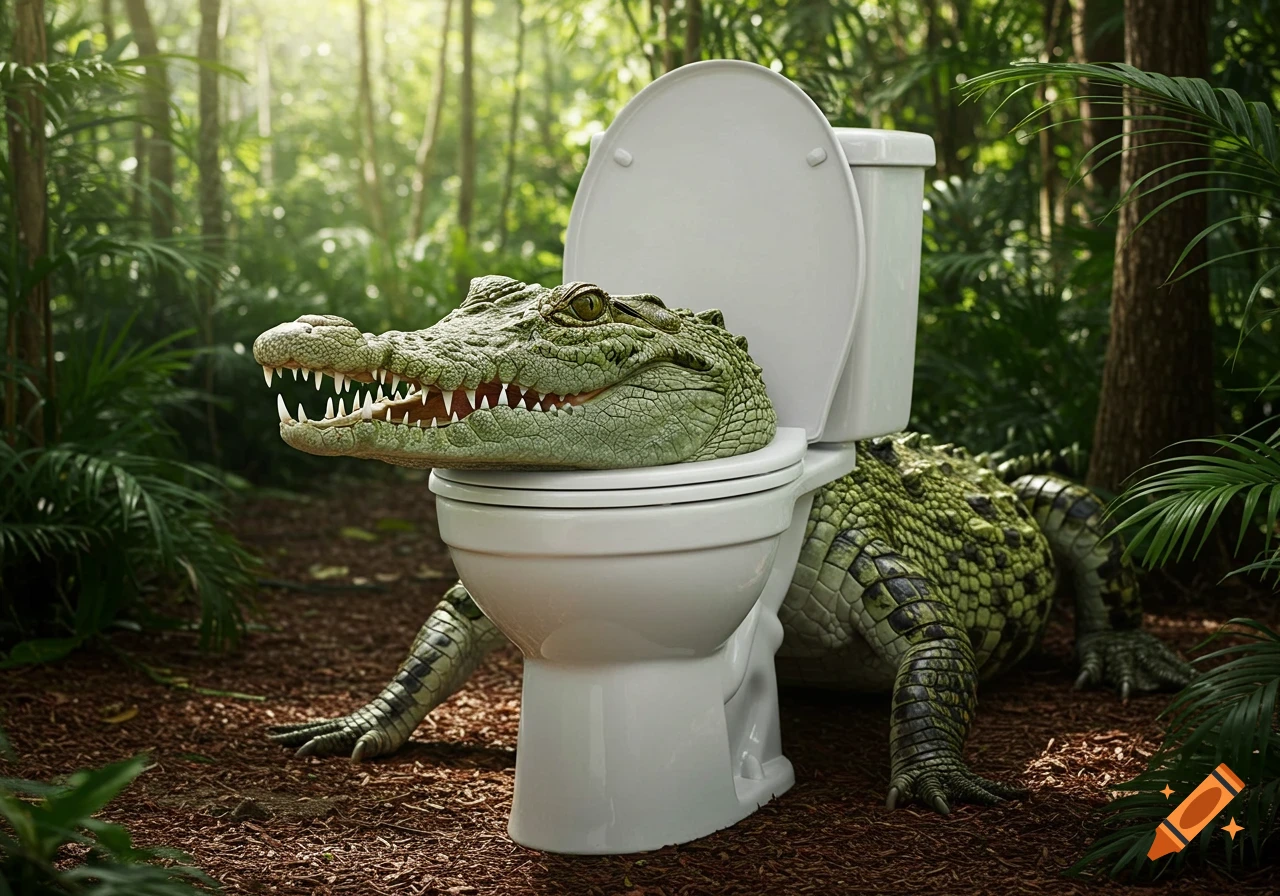 Photorealistic image of a large green crocodile with its head and front legs emerging from a white toilet in a lush jungle.