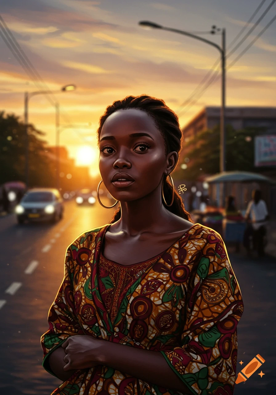Photorealistic portrait of a young African woman in colorful traditional attire on a city street at sunset, cars in background.