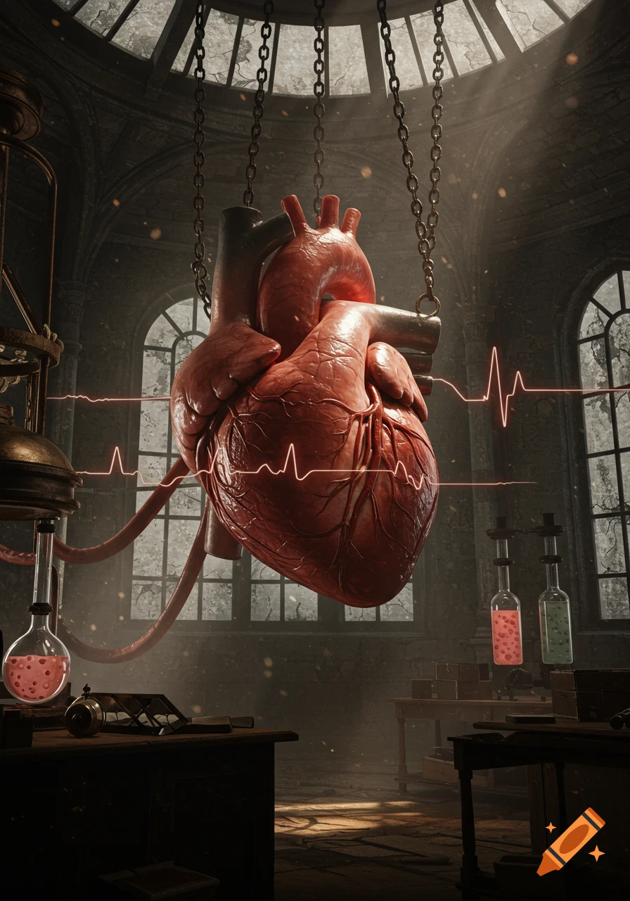A giant, photorealistic human heart hangs by chains in a dark, gothic laboratory, connected to tubes and displaying an ECG line.