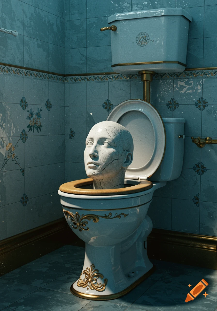 Cracked statue head emerging from an ornate toilet in a tiled bathroom, surreal style.