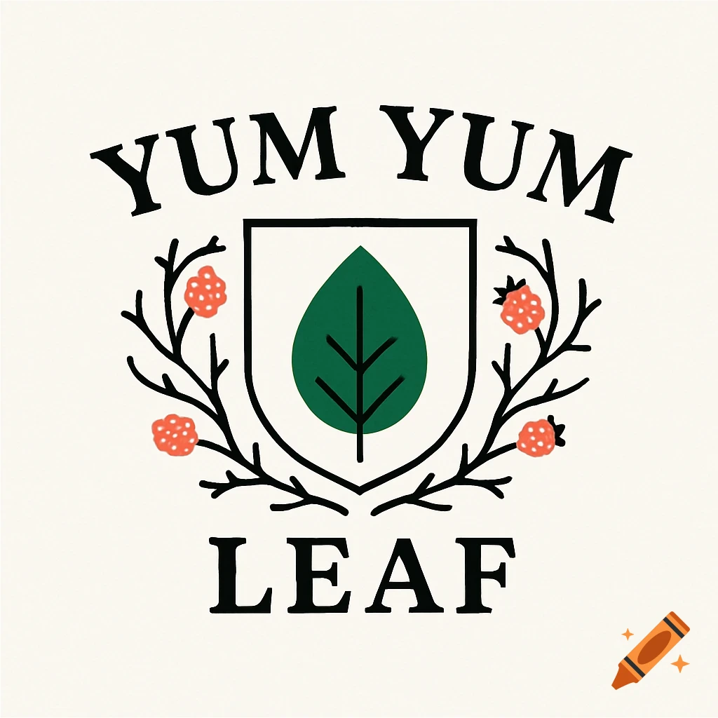 A simplistic logo with "Yum Yum Leaf" text, a green leaf in a shield, and brambles with red berries.