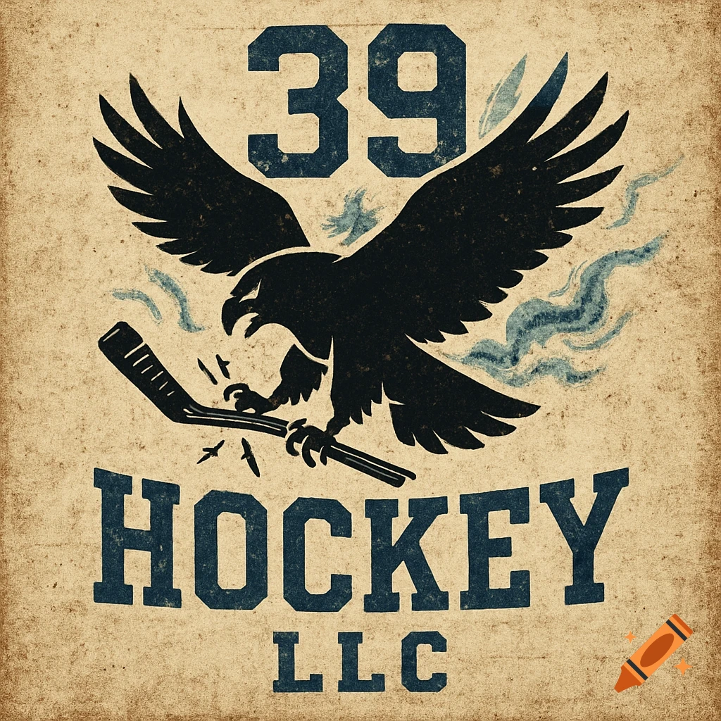 A vintage hockey logo with a black hawk clutching a broken stick, '39 HOCKEY LLC' text, and blue smoke on a distressed background.