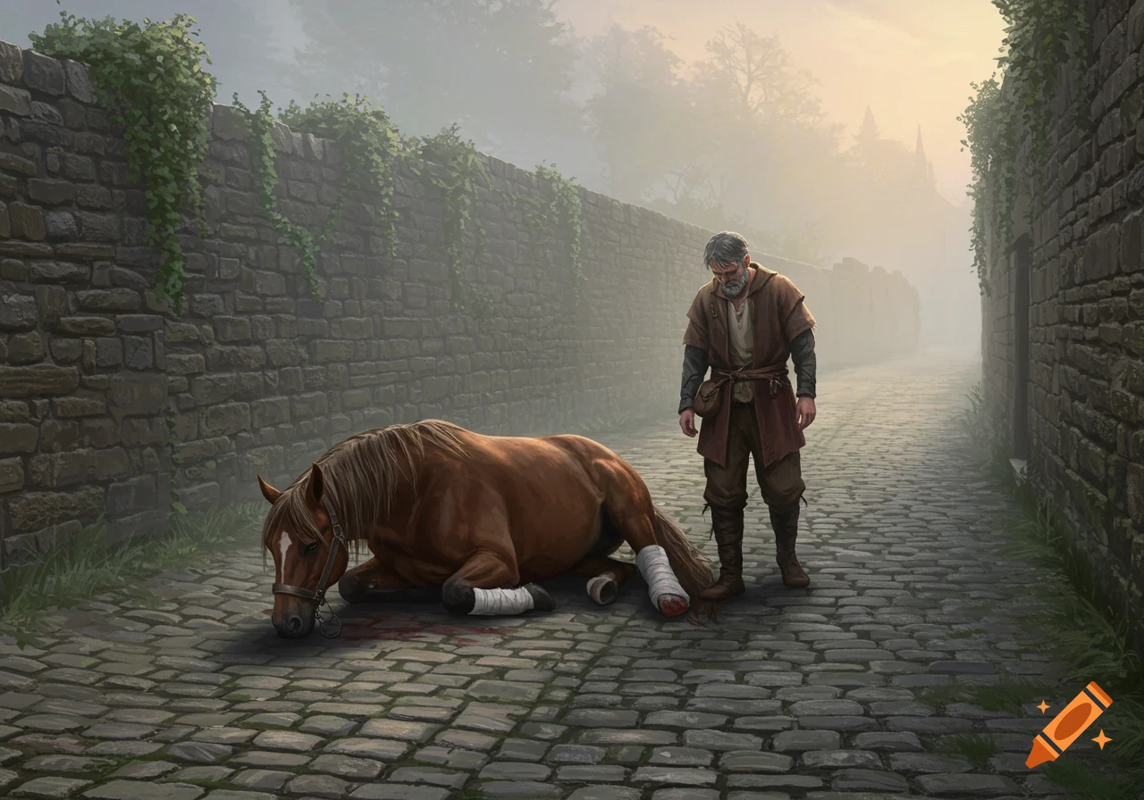 A sad man stands over an injured brown horse with bandaged legs on a misty cobblestone road.