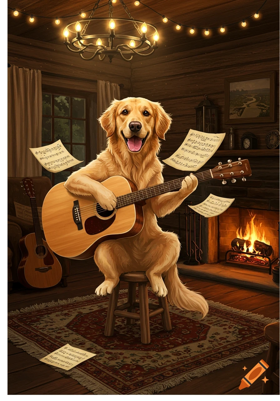 A happy Golden Retriever dog plays an acoustic guitar on a stool in a cozy rustic room with a fireplace and floating musical notes.