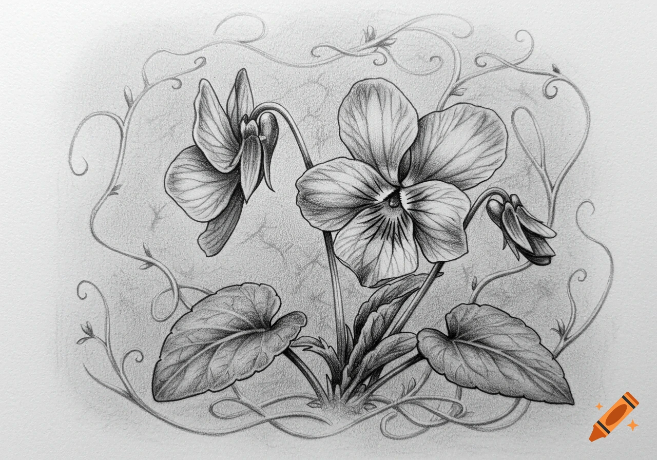 Grayscale pencil drawing of violet flowers and leaves with decorative swirling vines.