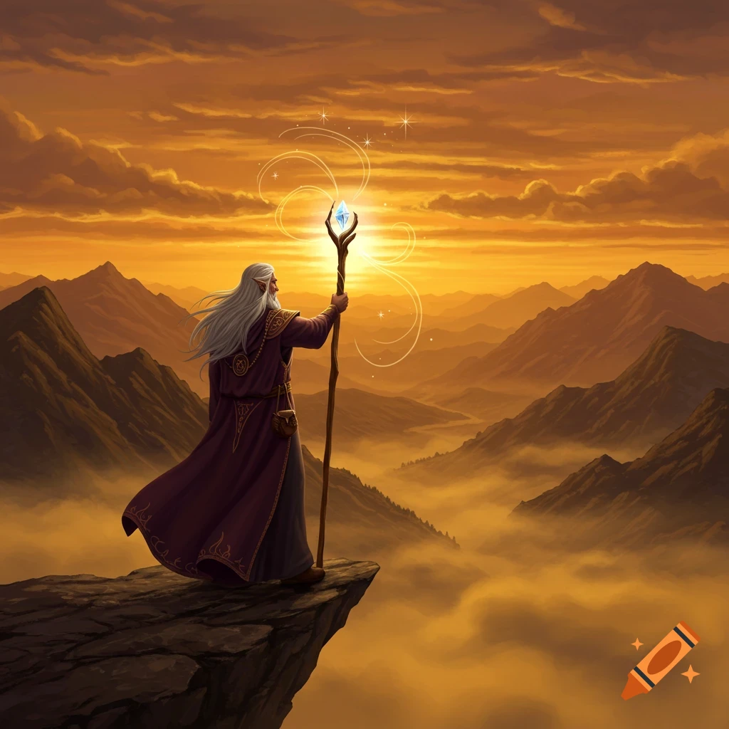 A wizard stands on a cliff holding a glowing staff, overlooking a misty mountain valley at sunset.