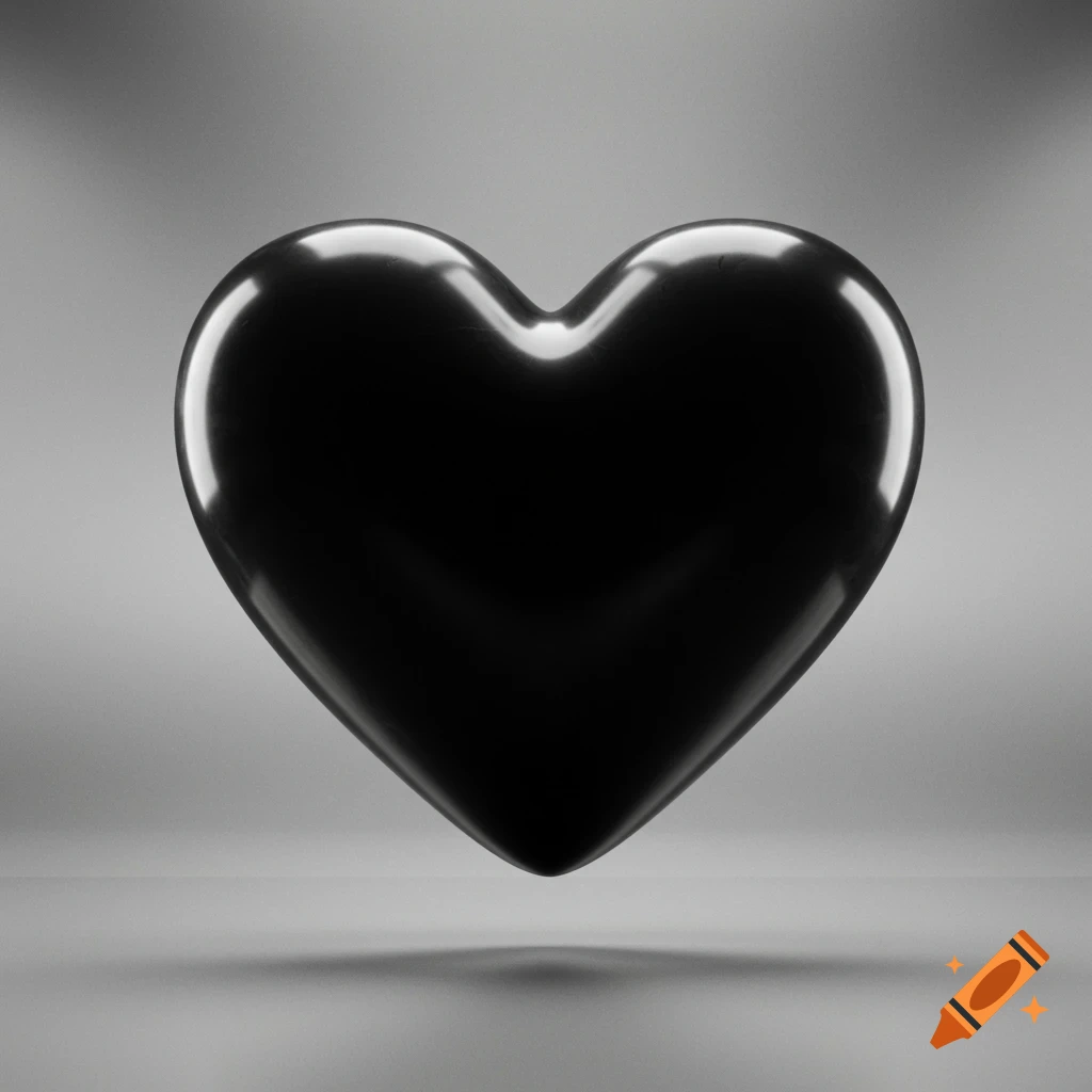 A glossy, reflective black heart floats against a gradient grey background with subtle lighting.