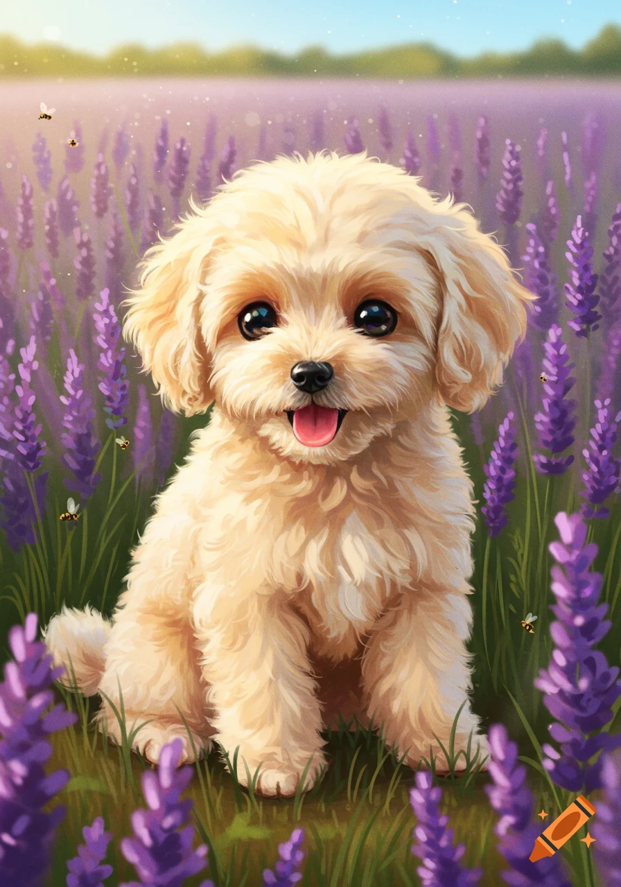 A cute fluffy golden mini poodle puppy sits in a vibrant purple lavender field with bees flying around.