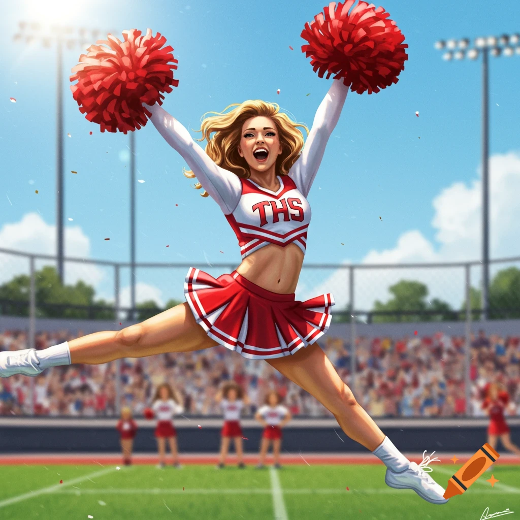 An illustrated blonde cheerleader in a red and white uniform jumps with red pom-poms on a sunny football field.