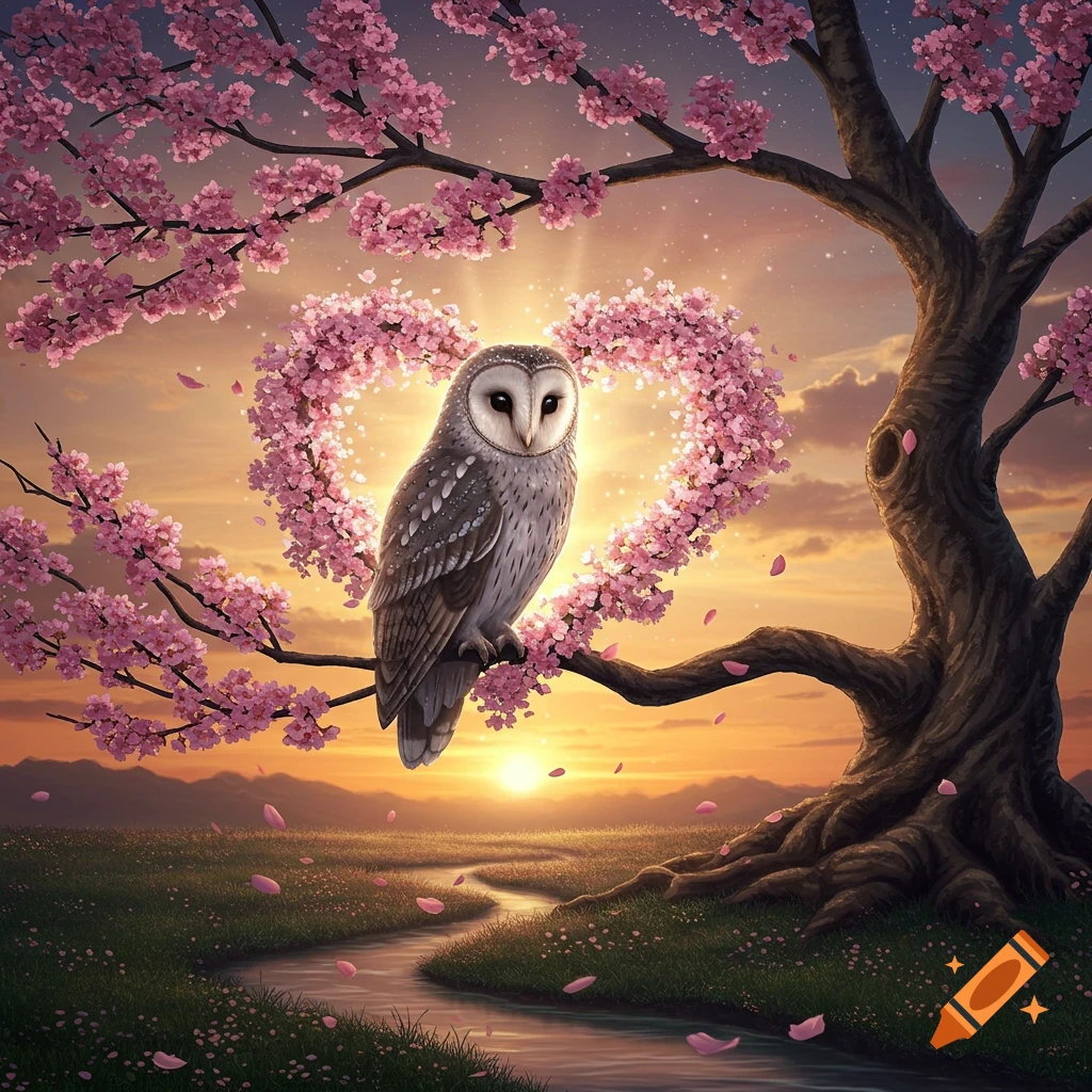 A barn owl sits on a cherry blossom tree branch, with glowing pink flowers forming a heart shape behind it. A sunset over a stream and field is in the background.